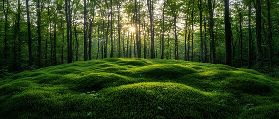 Poster - Lush Green Hills Covered in Soft Grass During Sunrise in a Tranquil Forest, Illuminated by Golden Rays of Light, Emphasizing Nature's Beauty and Serenity
