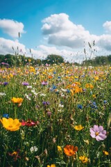 Poster - A beautiful field of wildflowers with a clear blue sky