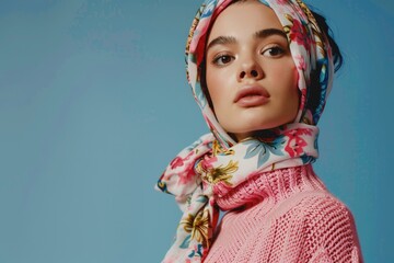Poster - A woman wrapped in a scarf and wearing a pink sweater, possibly on a cold winter day or as part of a casual outfit