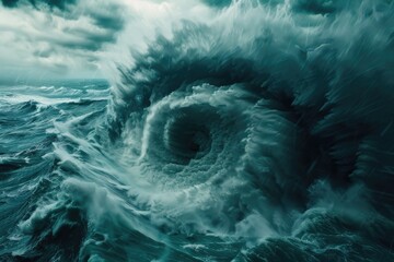 Poster - Powerful ocean wave crashing into the sea on a cloudy day, great for use in travel or nature-themed projects