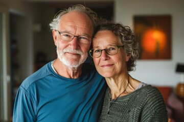 Canvas Print - Portrait of a content caucasian couple in their 50s wearing a moisture-wicking running shirt while standing against scandinavian-style interior background