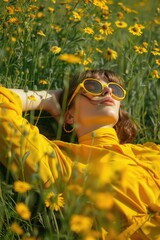 Aufkleber - A woman relaxing in a sunny meadow filled with bright yellow flowers, great for summer and outdoor themed projects