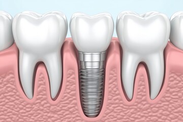 Poster - Close-up of a dental implant integrated into the jawbone, showcasing an attached porcelain crown alongside natural teeth. Generative AI
