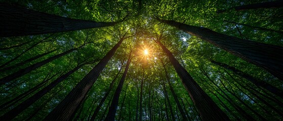 Poster - Majestic Sunlight Filtering Through Lush Green Tree Canopy in Serene Forest, Capturing the Tranquility and Beauty of Nature's Splendor