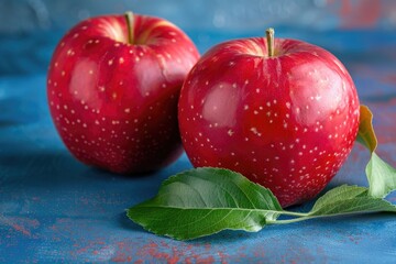 Poster - Fresh apples with green leaves on a blue surface