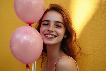 Poster - A woman is shown holding three pink balloons against a bright yellow background