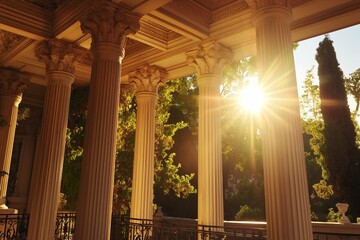 Poster - Ancient Greek columns against a warm golden sunrise.