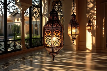 Poster - Arabian lanterns casting soft, intricate shadows on a blank wall. 