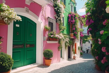 Poster - Brightly painted doors in a small Italian village, with textured walls in muted colors
