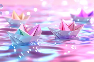 Aufkleber - Floating paper boats drifting on a soft pastel pink and blue gradient ocean