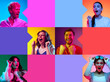 © master1305 - Collage with portrait of different people, men and women expressing surprise, excitement, and joy against colorful background in neon light. Human emotions, diversity concept. Copy space for ad, text
