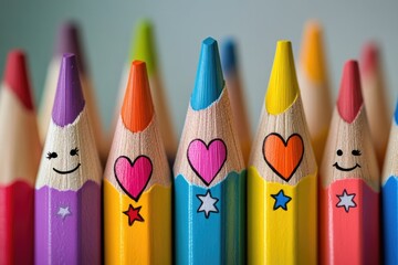 Poster - Set of colorful pencils with cartoon faces drawn on them