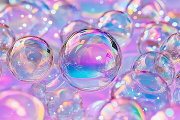 Poster - Close-up of shimmering soap bubbles reflecting iridescent rainbow hues.