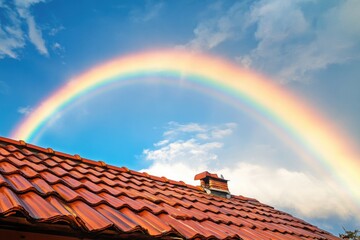Poster - A colorful rainbow stretching across the rooftop against a blue sky, great for use in interior design, home decor or travel images