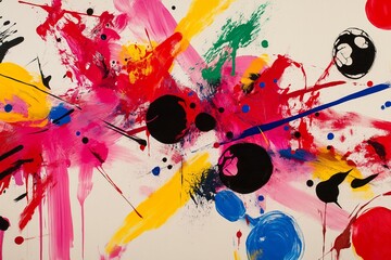 Poster - Abstract splashes of vibrant paint on a soft, neutral beige background.