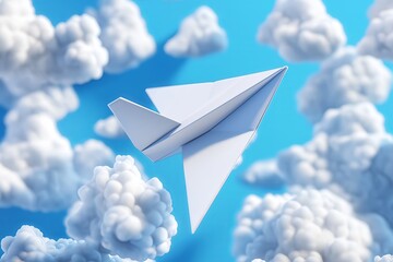 Poster - A paper airplane soaring through soft white clouds on a sky-blue backdrop