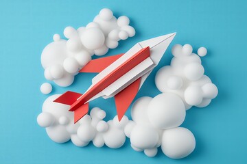 Poster - A paper airplane soaring through soft white clouds on a sky-blue backdrop