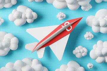 Poster - A paper airplane soaring through soft white clouds on a sky-blue backdrop