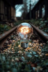 Aufkleber - A light bulb sits beside a train track, awaiting passage
