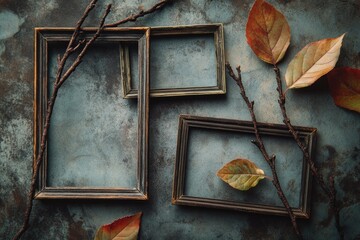Poster - Four picture frames displayed on a table, suitable for decorative or storage purposes