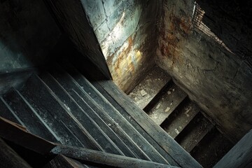 Aufkleber - A worn-out staircase in a decaying old building, great for urban or abandoned theme images