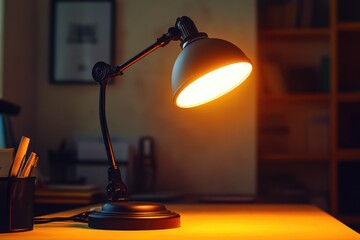 Poster - A desk lamp sits on top of a wooden table, ready for use