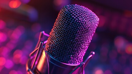 Poster - A close-up shot of a microphone with a blurred background, ideal for use in music or audio-related compositions