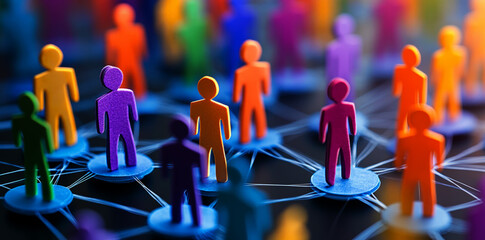 Poster - Simplified human figure network concept with colorful paper people on round podiums connected by thin blue lines, a social media community and connection idea background, 