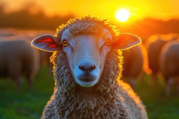 Poster - A group of sheep peacefully grazing on a lush green meadow, perfect for agriculture or nature scenes