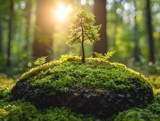 Aufkleber - Small Green Tree Growing on Mossy Rock Surrounded by Sunlit Forest, Symbolizing Nature, Growth, and Resilience in a Serene Outdoor Setting