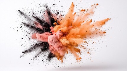 Wall Mural - A photostock of colorful powders bursting in vibrant pink, black, and brown tones, captured in mid-air against a white background, perfect for artistic or creative concepts. High Quality