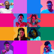 © master1305 - Collage made of different of people displaying emotions like anger, confusion, and frustration against vibrant neon background. Concept of human emotions, diversity. Copy space for ad, text