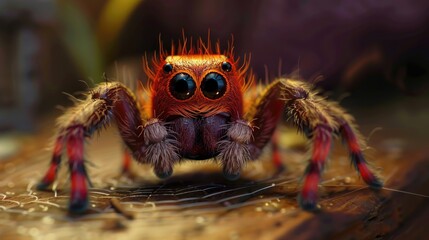 Wall Mural - A detailed view of a spider sitting on a wooden surface, perfect for use in scientific or educational contexts