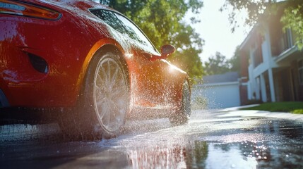 Poster - A red sports car drives through a puddle of water on a road