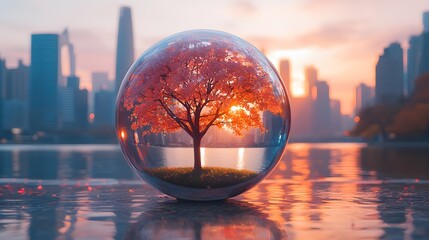 Poster - Beautiful Cherry Blossom Tree Reflected in Crystal Ball with City Skyline at Sunset, Capturing the Harmony of Nature and Urban Life Together in Stunning Contrast