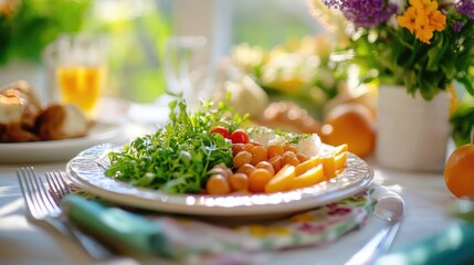 Poster - A plate of food sits on a table with a vase of flowers in the background, perfect for a dinner party or special occasion