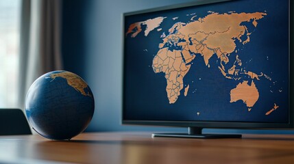 Poster - A globe and a world map displayed on a screen, highlighting geographical features in a modern office setting.