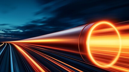 Poster - A futuristic image depicting a glowing orange tunnel with streaks of light, suggesting rapid motion and advanced technology.