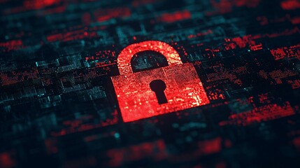 Poster - A digital lock symbol glows red against a dark, pixelated background, representing cybersecurity and data protection.