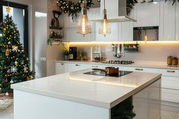 Poster - A Christmas tree stands tall behind a modern white kitchen