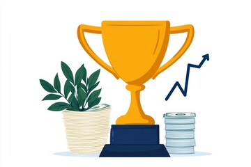 Poster - A minimalist 2D design of a trophy next to stacks of money and a rising graph, all on a clean white background