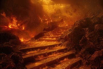 Poster - A stairway leads to the entrance of a cave with flames burning bright