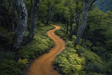 Poster - A dirt road winds its way through a dense and vibrant green forest, with trees and foliage on either side