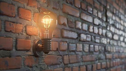 Poster - A simple brick wall with a single light bulb illuminating the dark space, possibly used for decoration or as a design element