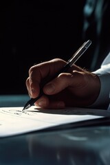 Poster - A person writes with a pen on a piece of paper, focus is on the handwriting