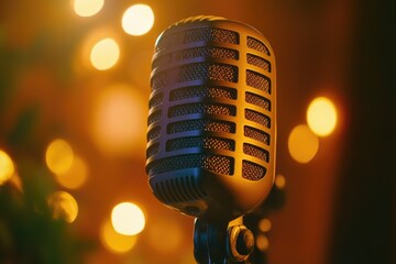 Poster - A close-up shot of a microphone with lights in the background, ideal for use in music or sound-related concepts