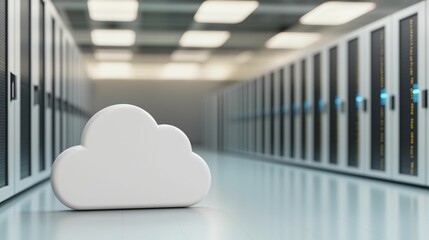 Poster - Cloud computing optimize. A modern data center scene featuring a white cloud icon symbolizing cloud computing, surrounded by rows of server racks.