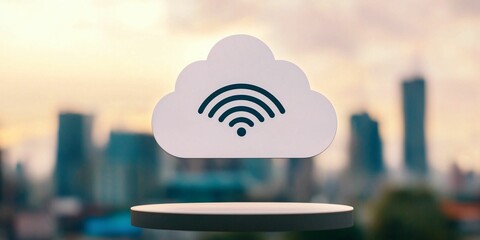 Poster - Cloud computing optimize. A cloud symbol with a Wi-Fi signal floats above a city skyline, representing cloud computing and wireless connectivity.