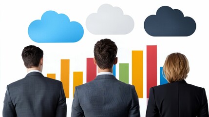 Poster - cloud computing optimize. three professionals observe colorful bar graphs and cloud icons, symbolizi