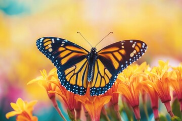 Poster - A butterfly sits atop a bright yellow flower, enjoying the sun and surroundings